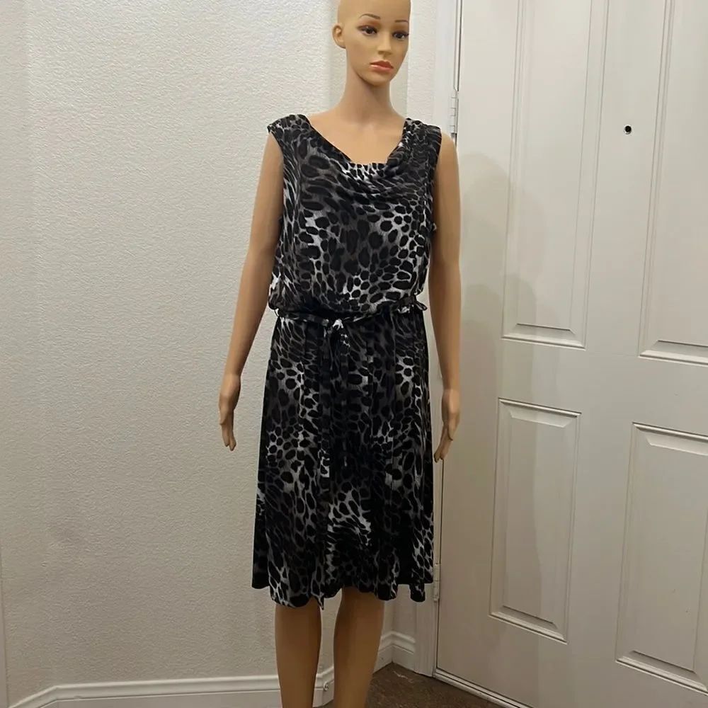 Enfocus Studio Dress Size 12 cowl Neck Sleeveless Animal Print Belted Midi Sexy